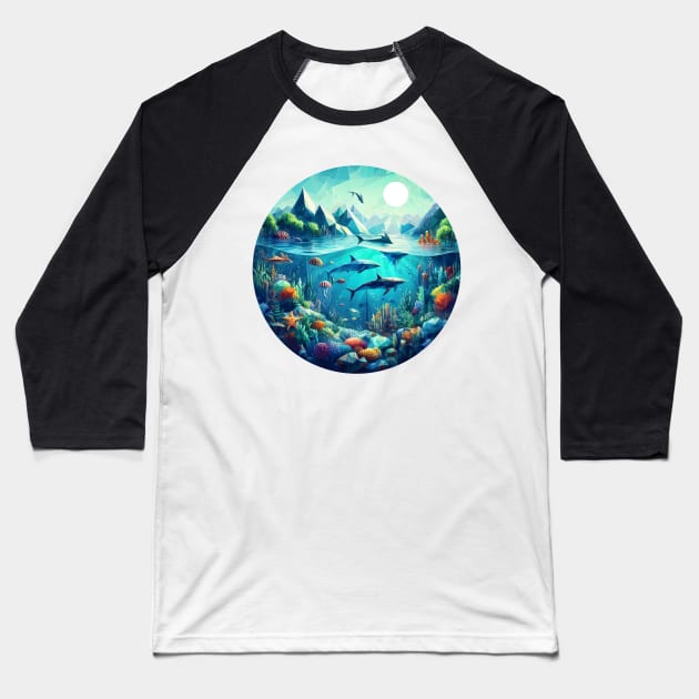 Low Poly Underwater Scene Full of Life Baseball T-Shirt by Antipodal point